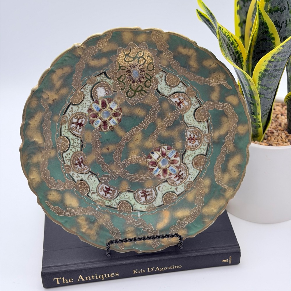 Antique Nippon Moriage Hand Painted Scalloped Porcelain Green Gold Gilt Plate